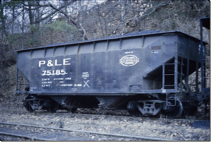 Retired Pittsburgh & Lake Erie hopper 75185 was probably a member of the group built by Pullman Standard at their Butler PA plant in 1952. Looks like it had some work at McKees Rocks car shop in 1966. 1972.