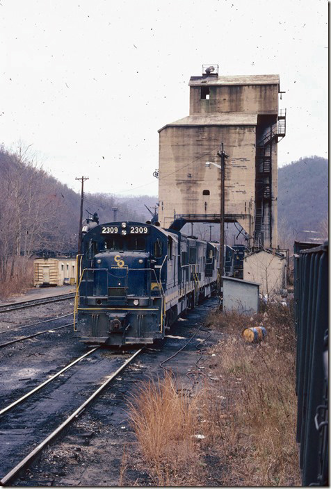 C&O 2309-8107-8133 await the call at Elk Run Jct. yard near Whitesville. 12-03-1977. Big Coal, Cabin Creek SD.