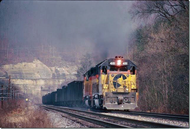 C&O 4181-4269 on w/b coal drag struggling to get up to speed after leaving Shelby. Kewaunee. 12-29-1979. Big Sandy SD.
