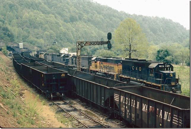 C&O 4070 et. al. entering Coon Creek SD at Levisa Jct. with empties for Johns Creek. 05-07-1978. Big Sandy SD.