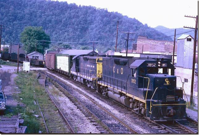 C&O 3852-7302 e/b setting off local freight at Pikeville. 06-1971. Big Sandy SD.