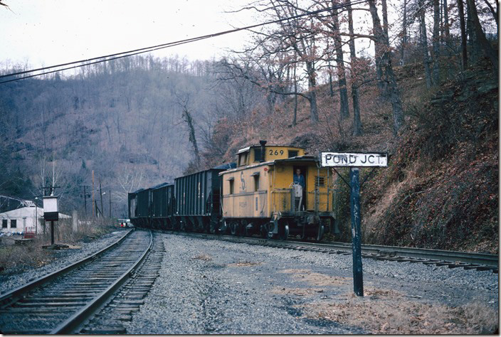 The Barrett Shifter behind 3901-5860 returns to Danville later in the day. 12-30-1974. Coal River, Pond Fork SD.