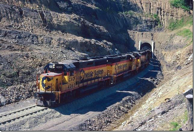 C&O 4265 et al on first coal train off newly completed Coal Run SD at west end of tunnel at head of Stone Coal Creek. View 2. 07-02-1979. Coal Run SD.