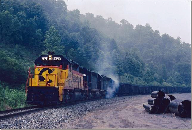 C&O 7429-7427-7428 stalled with 82 loads on grade because of failed traction motor.  Coal Run SD.