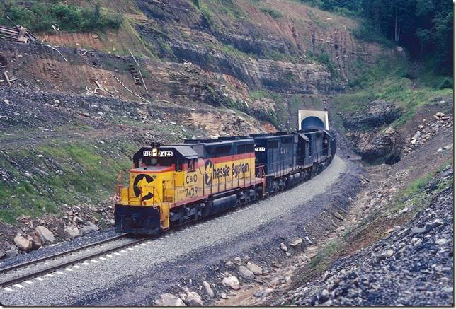 C&O 7429. Coming out of west portal of tunnel. Coal Run SD.