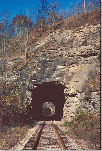 Long Fork Tunnels 5 and 4 at MP 17 near Hi Hat KY on Long Fork SD. 11-1983. These were covered over by improvements to KY 122. C&O Dawkins Middle Crk SD.