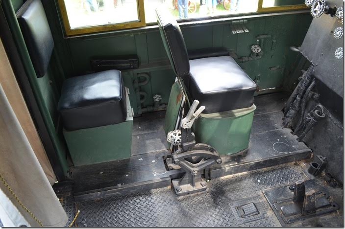 Seats for the fireman and head brakeman. Grate shakers and injector lever. C&O 1308 fireman's side.