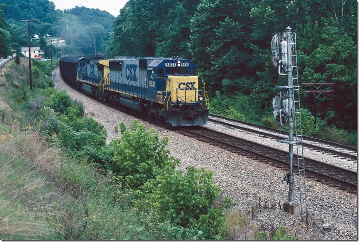 CSX 8531-7801 brought this eastbound VAPX coal train by the East End of Waugh siding on 07-12-1998. James River SD.