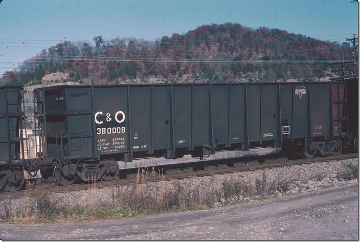C&O hopper 38008 Pikeville KY. 11-08-1988. Blt Greenville Steel Car for their lease fleet, ex-GSCX 5030 (leased to Consolidation Coal note logo). 