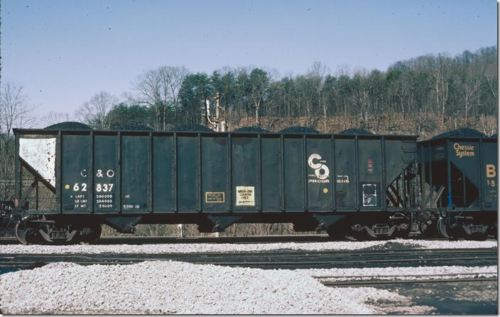 C&O hopper 62837 Shelby KY. 03-09-1986. “Green coke loading only”. The car is in coal service. (All of the coke I’ve seen was gray!)