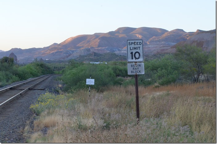 At the same location looking west on the Ray Branch with the mine in the background. Wonder where they stole the speed limit sign! CBRY begin Ray Block. Kelvin AZ.