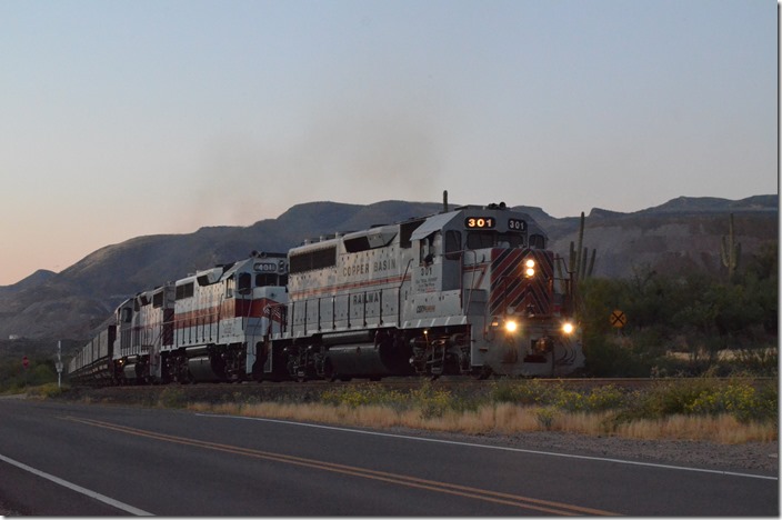 With the ex-L&N GP40 in the lead OT-1 heads east to Hayden. This is the beauty of digital...just bump up the ISO and blast away! CBRY 301-401-502. Kelvin AZ.