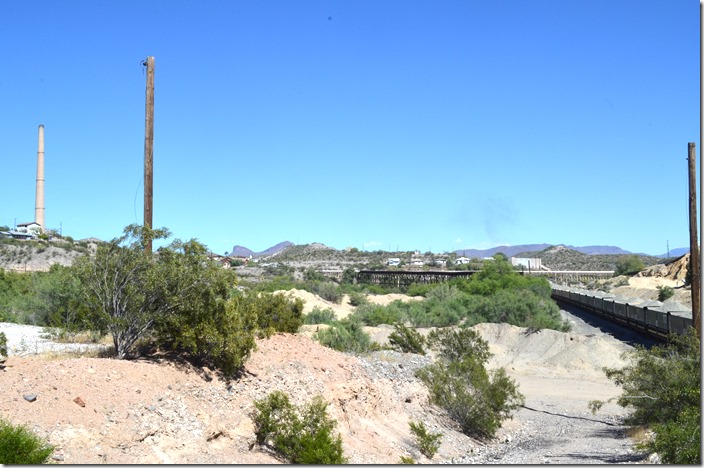 This wider view gets one of the two giant smelter stacks. There is a website that shows many views of the community. CBRY 301 smelter stack. Hyden AZ.