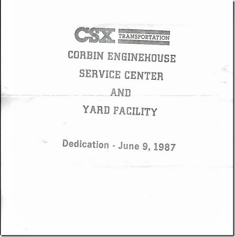 Corbin KY enginehouse service center and Yard Facility dedication - cover. 06-09-1987.