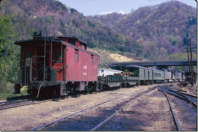 CRR had a head-on collision in Towers Tunnel, and that was the reason C&O’s Russell wreck train was in Elkhorn. C&O had acquired this entire set of equipment from the Reading hence the unusual passenger cars. 04-20-1974.