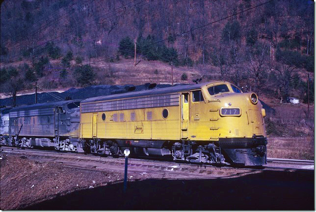 Precision Engineering F-7a 717 is ex-B&LE. CRR had it leased on 12-06-1970. Although the mile post 1 sign is here, it is actually less than a mile from the previous shot. CRR track charts show their beginning point as the north side of the C&O’s bridge over the Levisa Fork of the Big Sandy River.