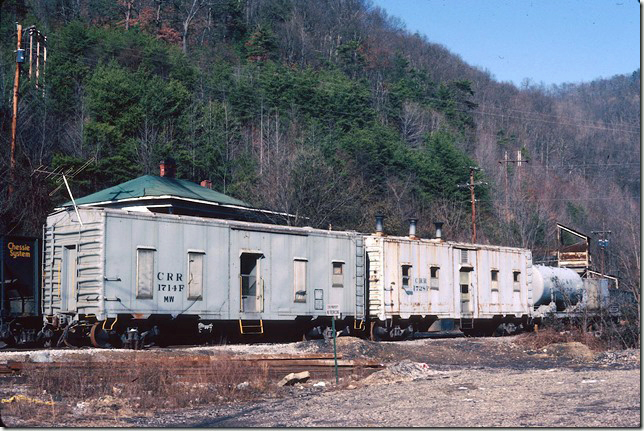 Camp cars 1714 and 1728 are parked on the north leg of the wye, as it was no longer used for turning engines. 12-31-1983.