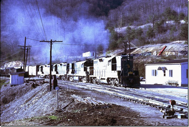 C&O freight CR92 arrives Elkhorn yard in April 1972. GP9 6136-8124-5863-6028 are pulling hard up the 1.2% grade to deliver their train. Delivery to the CRR was listed at 4:50 PM. The engines would soon turn back on 95. 