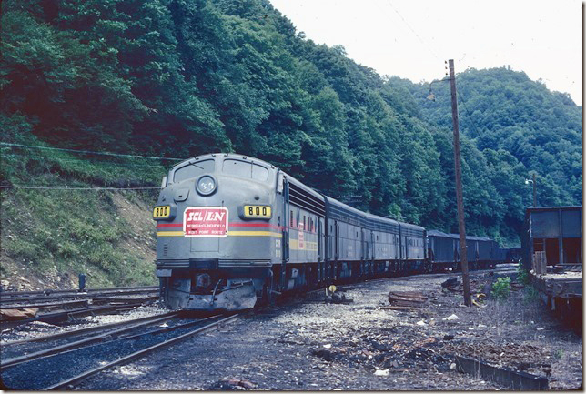 CRR 800-250-869-200 on the Second Mine Run switch after arriving back from the N&W interchange at Boody. These were the last active F’s on the CRR. 08-08-1981.