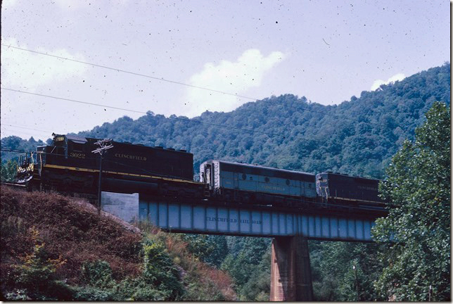 CRR 3022-866-3000 crossing Open Fork trestle at Nora VA with s/b Fremont Turn. 09-05-1971.