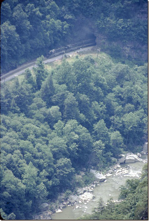 CRR 3623-3620-3621-2008 rumble out of State Line Tunnel with s/b #92. View from Clinchfield overlook in Breaks Interstate Park. 06-25-1978. Nora.