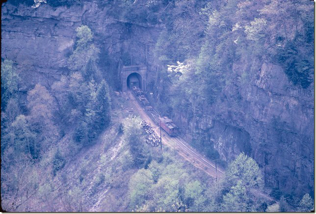 C&O wreck train cleaning up head on collision at north end of Towers Tunnel. View from Towers Tunnel overlook in Breaks Interstate Park. 04-21-1974.