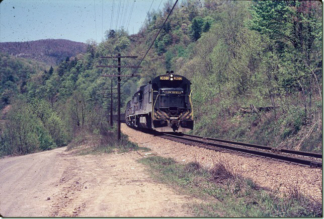CRR 3603-SCL 1215-SCL 1228 (U36C-C420-C420) on s/b “through freight” #26. Bartlick VA. 05-04-1973.