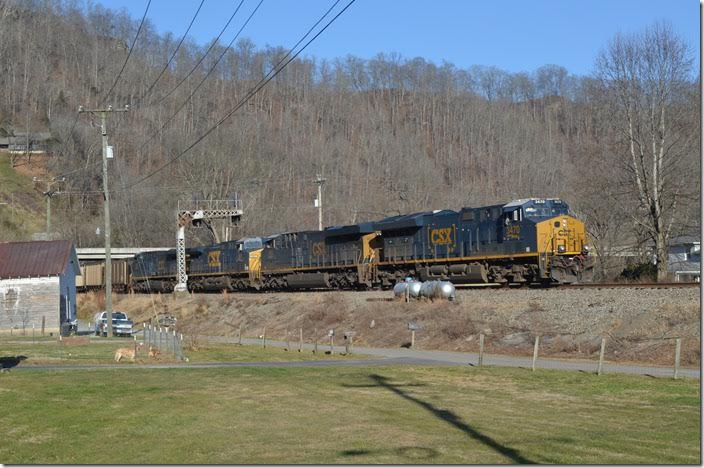 CSX has resumed running Duke Energy coal trains south on the Big Sandy-Kingsport-Blue Ridge Subdivision route. They go to the Brice Power Plant south of Bostic NC, on the old Clinchfield. CSX doesn’t use manned pushers anymore out of Shelby. These Duke trains use distributed power...two on the front and two on the back. Dec. 16 was a Saturday, so I now had the opportunity to go up to Shelby to see how this operation worked. N760-14 with 110 DKPX loads behind CSX 3470-980-561-426 moves from Track 2 to the switching lead at Fords Branch.