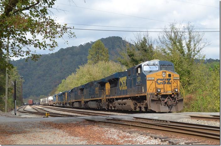 Q696 gets ready to depart the east end of Shelby on Sunday afternoon, 10-15-2017. Q697 is parked on yard track 2. This day CSX 5291-360-3209-2342-6915-6901-2251 will have 93 cars. Shelby.