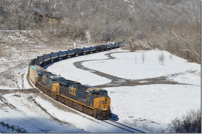 CSX 878-5354 e/b on K706 with 82 ethanol loads. FO Cabin. 12-26-2020.