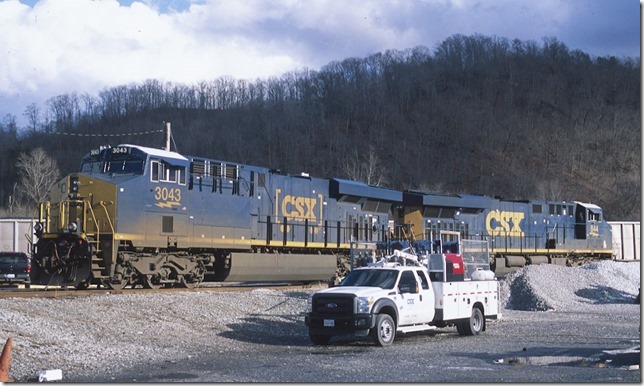 CSX 3043-844 are parked on the east leg of the wye at the former Paintsville depot. 1-11-2014. View 2.