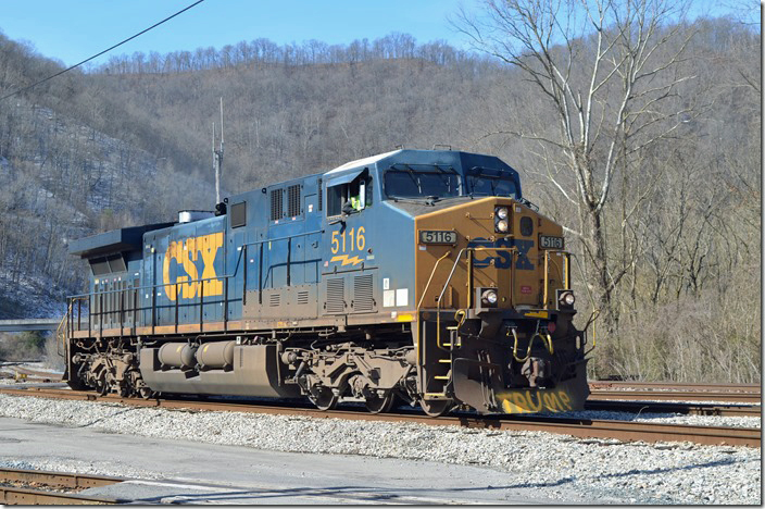 CSX CW44AC 5116 comes into Shelby after leaving their ethanol train at Fords Branch. The air compressor wasn’t working on one unit, and they came into the yard to get another before the new crew took off for the roller coaster former Clinchfield. 03-01-2020. Shelby KY.
