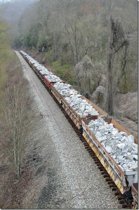 This “rip rap” was brought to Shelby in case it was needed at the big slide and derailment at Draffin. Evidently CSX keeps this train on stand-by in case of a severe washout. CSX 4536. Prestonsburg KY.