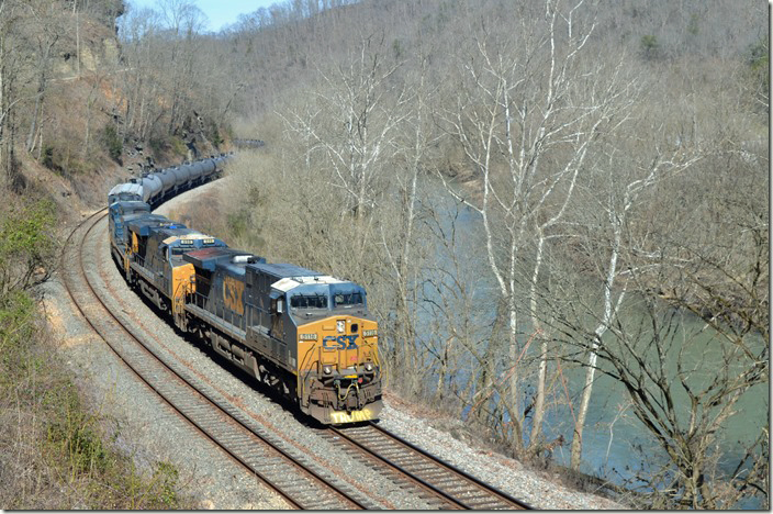 CSX 5116-896-574-4047 roll up the main line with K429-28 and 98 loads (all but two buffer cars are ethanol). They will stop shortly for a crew change. Shelby KY.