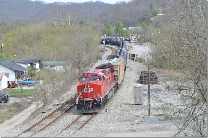 CP DPU 8153 slowly passing the spot of Shelby’s old depot on the yard lead. 03-22-2020. Shelby KY.