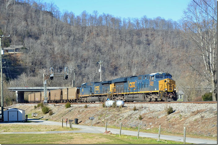 CSX 3393-355 passing Fords Branch KY #1 to main with e/b N759 (Bailey Mine PA – Terrell NC Marshall Steam Plant) with DKPX (Duke Energy) loads. 12-03-2021