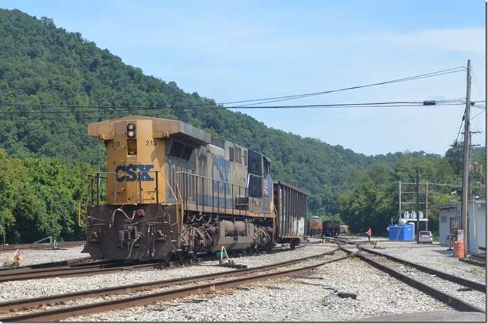 CSX 213 on work train W371-20 switched in the yard. Shelby KY. 08-20-2022.