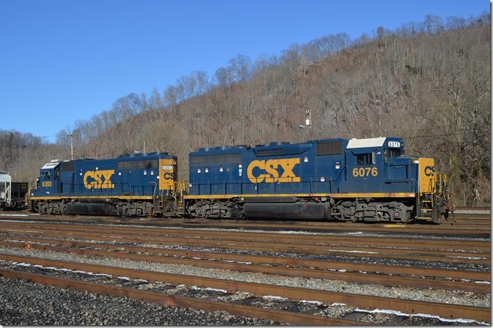 CSX GP40-2 local freight power 6076-6393 at Paintsville on bitterly cold 02-15-2015.