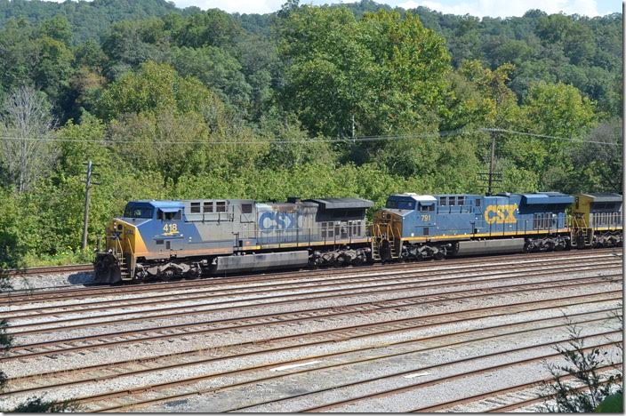 CSX 418-791-428 pulls into #1 yard track with 100 loads from McClure Mine in Virginia. 09-16-2017. Shelby.