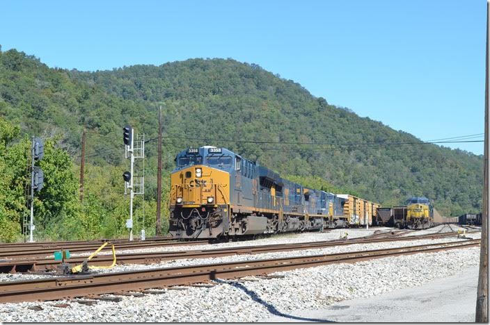 Q697 behind CSX 3358-569-7780-53 (dead-in-tow) will pull their 129 cars west and double to the next track to the right which is 110 cars brought in by Q692 earlier. Shelby.