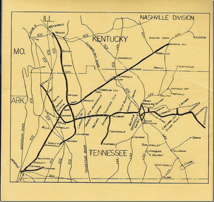 CSX uses the former NC&StL Union City Branch to reach from Bruceton, that road’s crew change yard, to McKenzie. NC&StL’s old main line to from Bruceton through Jackson to Memphis is severed and operated by a short line as is the old branch north toward Paducah through Paris. L&N Nashville route map 1975.