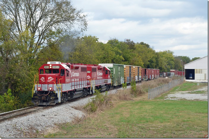 After frantically looking at the DeLorme Kentucky Atlas & Gazetteer we found this location as the train slowly entered Russellville KY, with 28 cars. RJC 3803-3805.