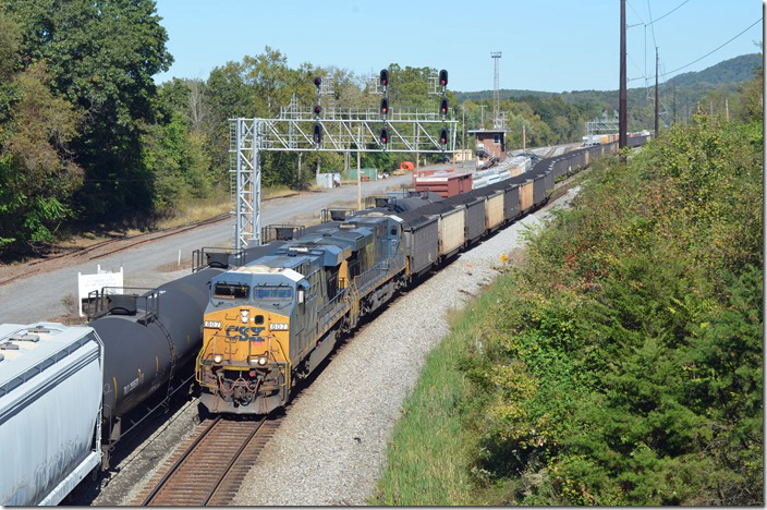 CSX 807-789 have e/b coal train N785-11 with 130 loads passing Q372. Mexico MD.