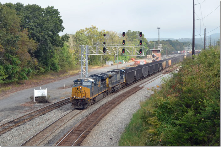 Soon coal train N727-10 departs east with 65 loads behind CSX 3433-390. Mexico MD.