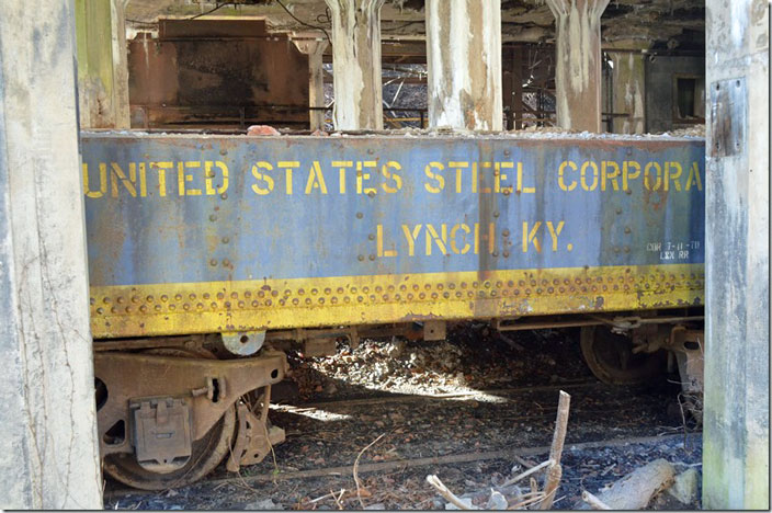 Former Pere Marquette Ry. tender converted to a brake sled. USS had their own diesel locomotives. This brake sled was necessary to keep loads under control, as the head of Looney Creek was on a 1.75% grade. USS Lynch.