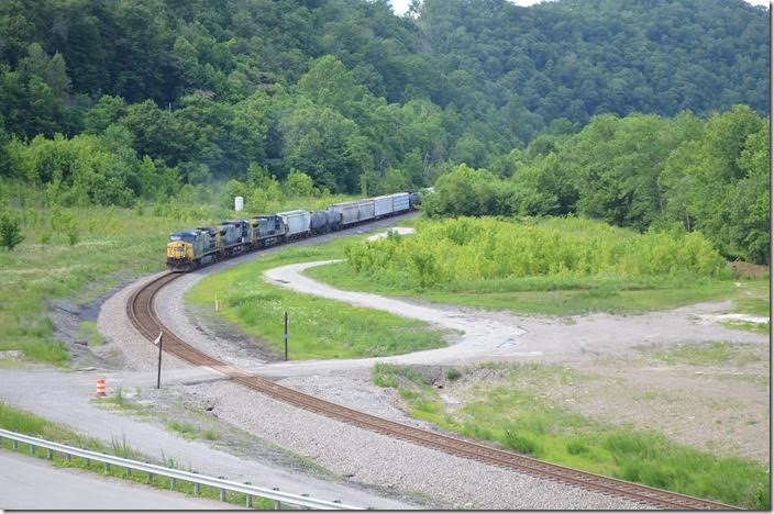 CSX 17-7796-496 head X300, an extra freight, on 06-26-2017. This was great news as these were detour freights and a prelude to resuming regular manifest service on the Big Sandy, Kingsport, and Blue Ridge Subdivisions. Taken at the new bridge to the industrial park very near FO Cabin between Pikeville and Fords Branch. Chaparral Coal’s preparation used to cover this vacant lot.