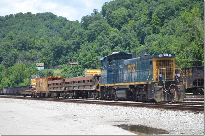 CSX MP15 1140 has a work train parked at Danville WV yard on 07-09-2017.