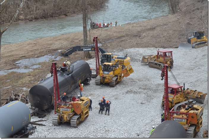 Moving the tank car into position in the storage area. View 6. CSX derailment. Draffin KY.