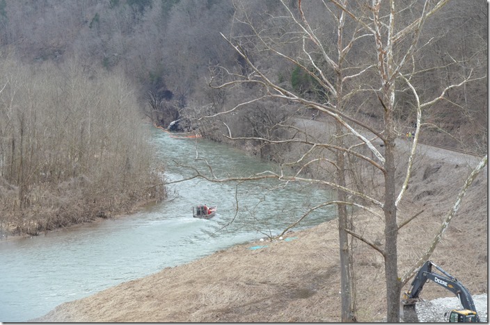 An airboat was employed to deploy the containment booms around the engines to prevent spreading of diesel fuel and ethanol in the Russell Fork. CSX derailment. Draffin KY.
