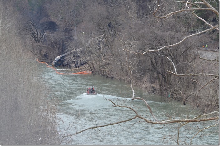 An airboat was employed to deploy the containment booms. View 2. CSX derailment. Draffin KY.